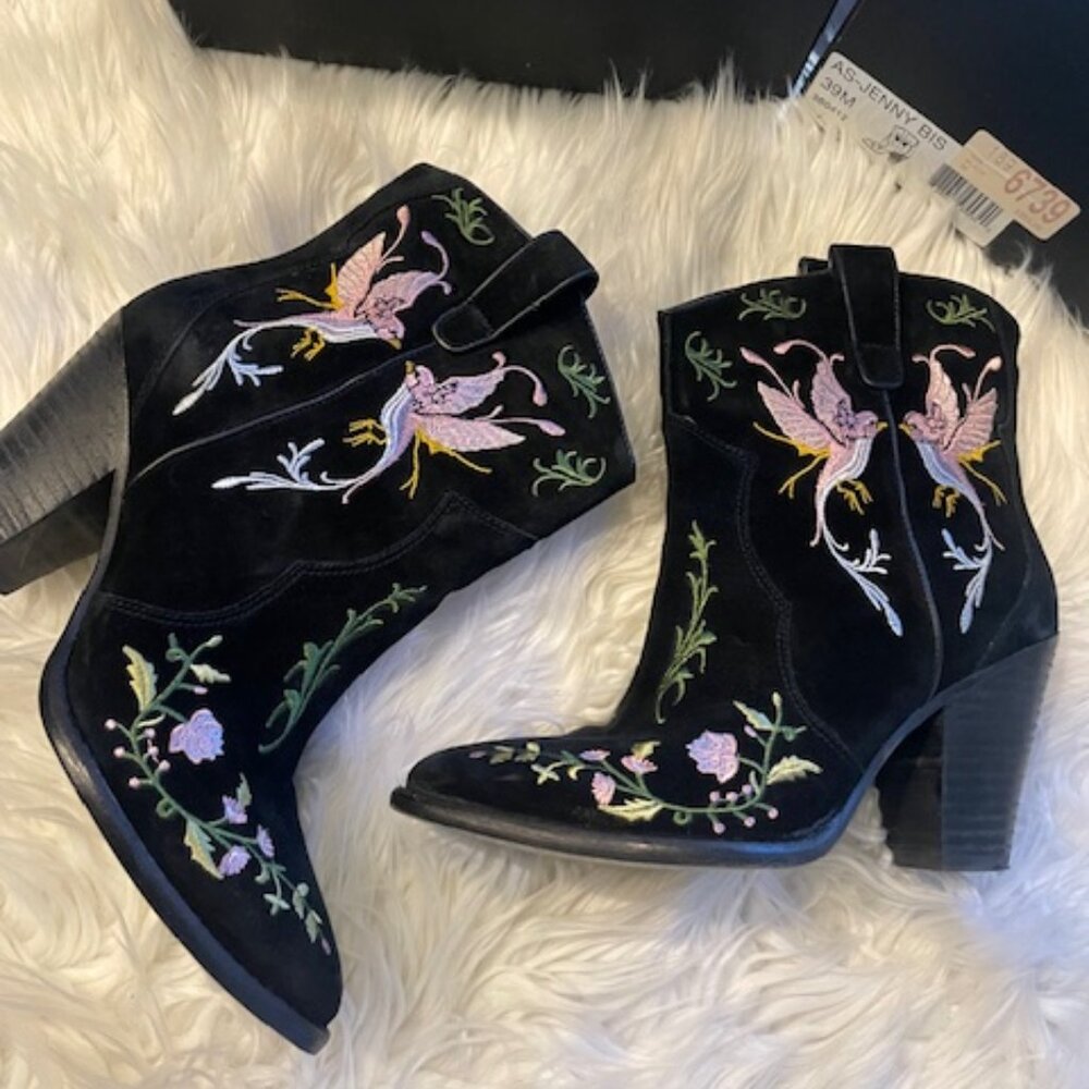 ASH Black Suede Embroidered Western Boots 8.5